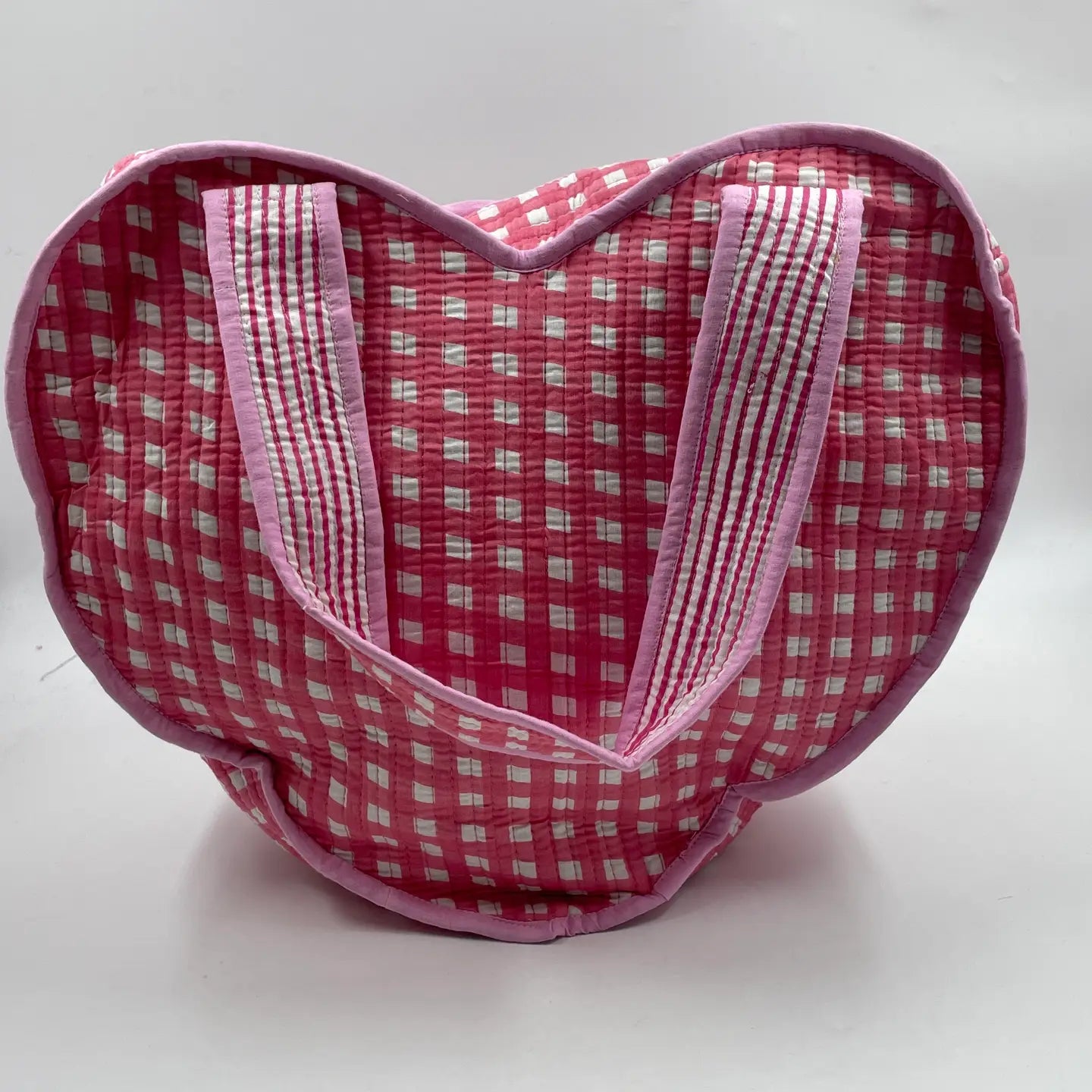 Pink Gingham Heart Shaped Cotton Kantha Tote Bag