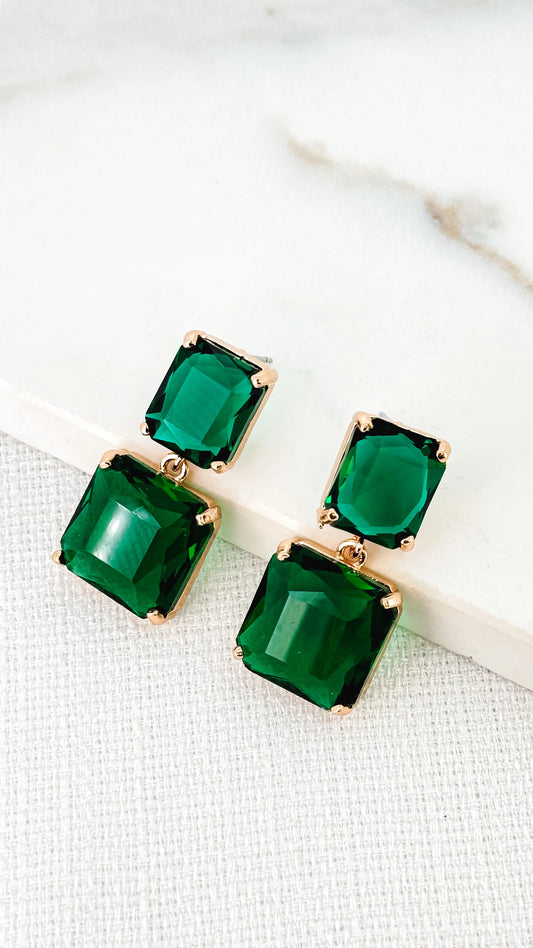 Envy Jewellery Faceted Green Glass Square Drop Earrings