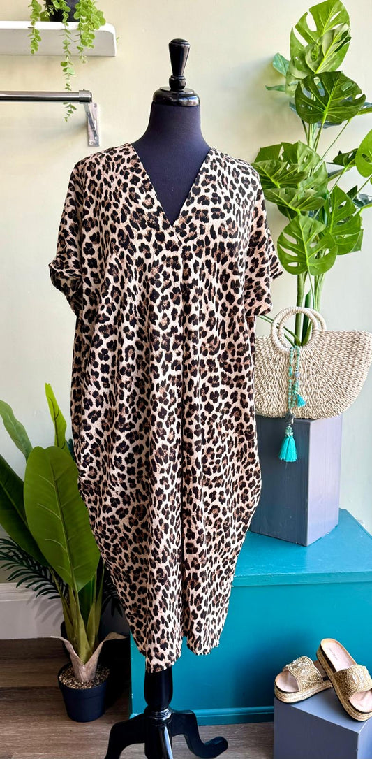 Clara Leopard Print V Neck Cocoon Dress