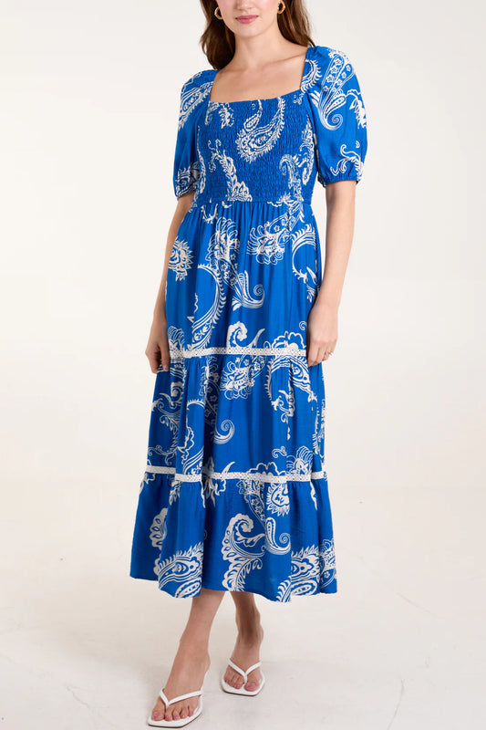 Helena Shirred Bodice Puff Sleeve Midi Dress - Santorini Blue Paisley