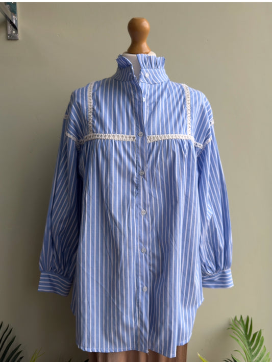 Victoria Blue & White Striped Embroidered Frill Collar Blouse