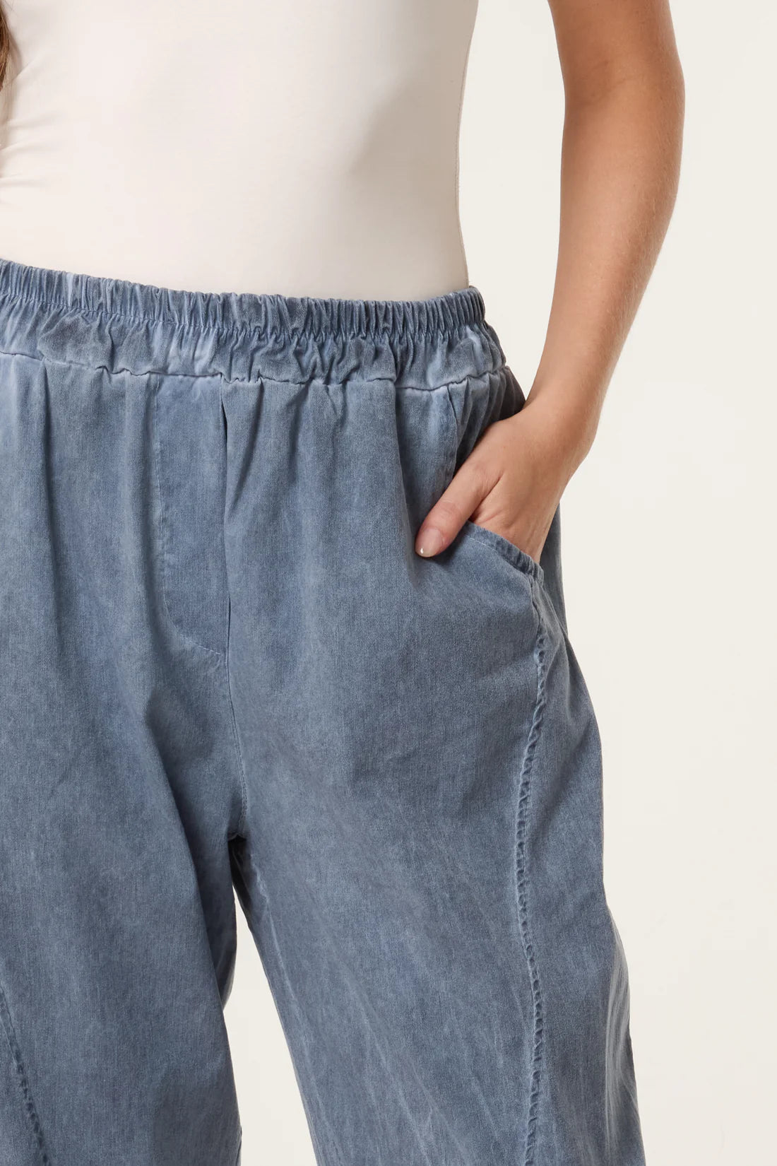 Lara Relaxed Fit Pull On Cocoon Trousers - Beige or Denim Wash