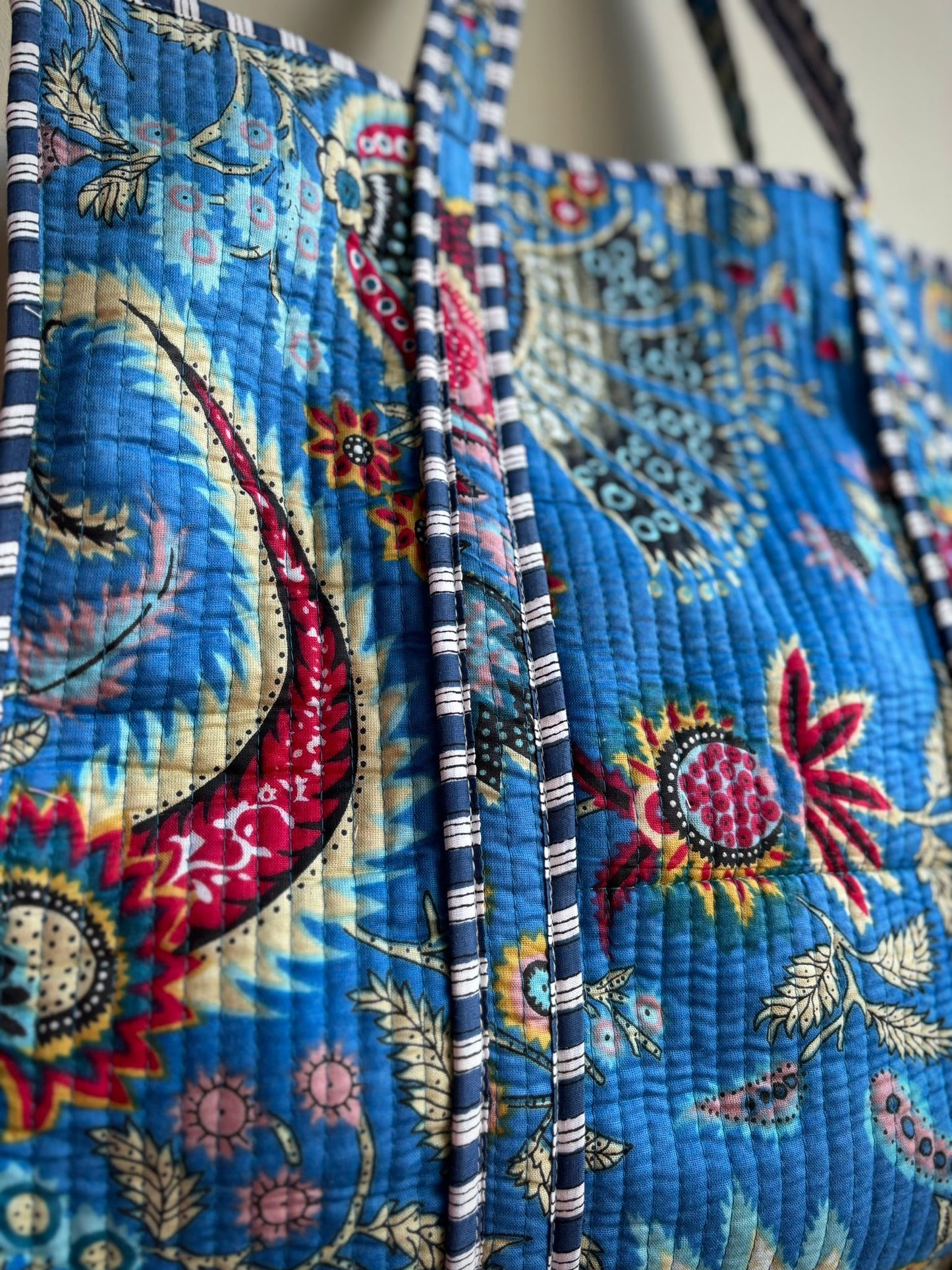 Quilted Kantha Bag With Striped Lining - 100% Cotton- Cerise Pink Or Blue Paisley