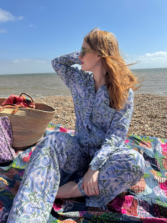 Tamarisk Bazaar Hand Block Printed Indian Cotton Pyjamas- Blue & Grey Floral