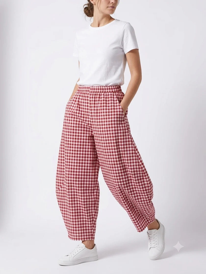 Jessie Gingham Pull-On Barrel Trousers