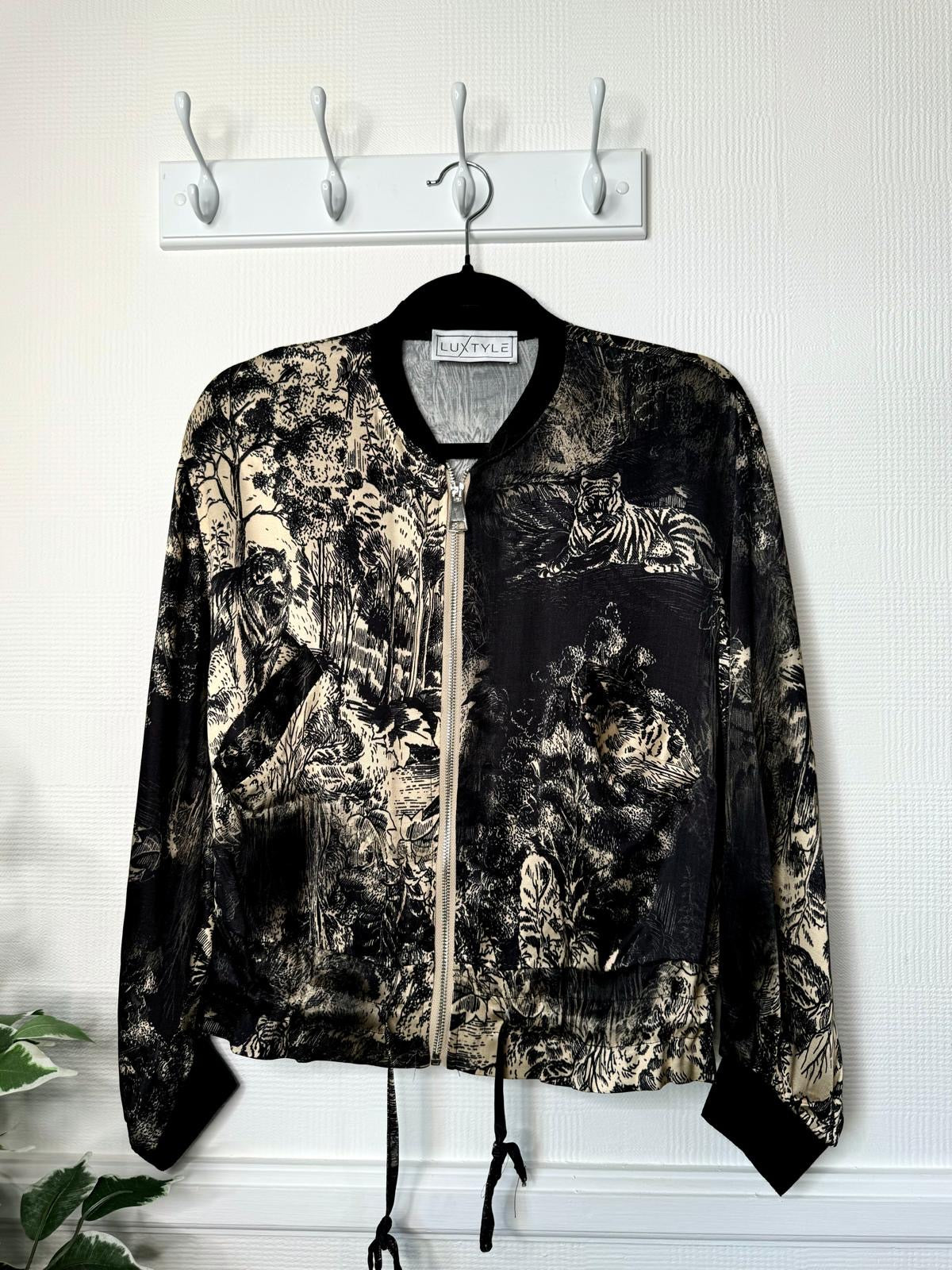 Catherine Satin Black & Ivory Tiger Print Bomber Jacket