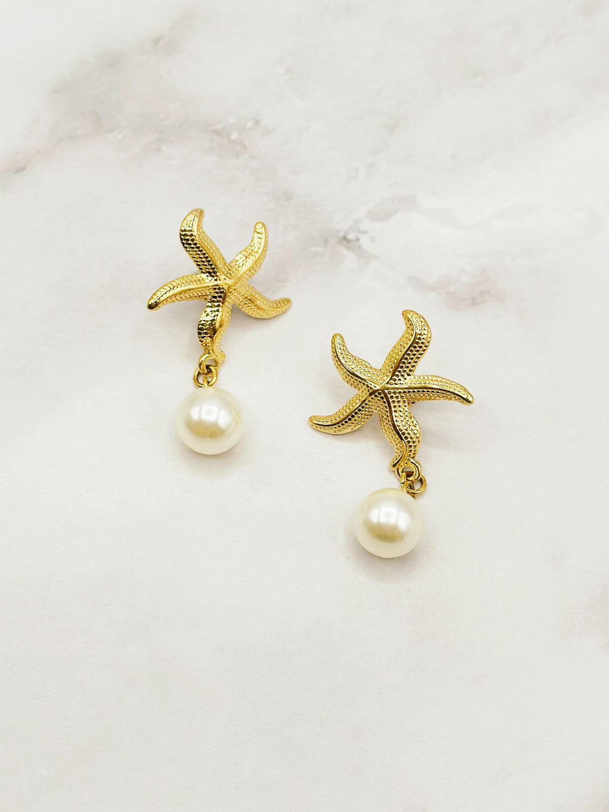 Pearl & Gold Starfish Dropper Earrings