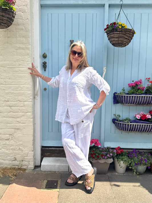 Sophia 100% Linen Collarless Tunic With Central Back Lace Trim Panel