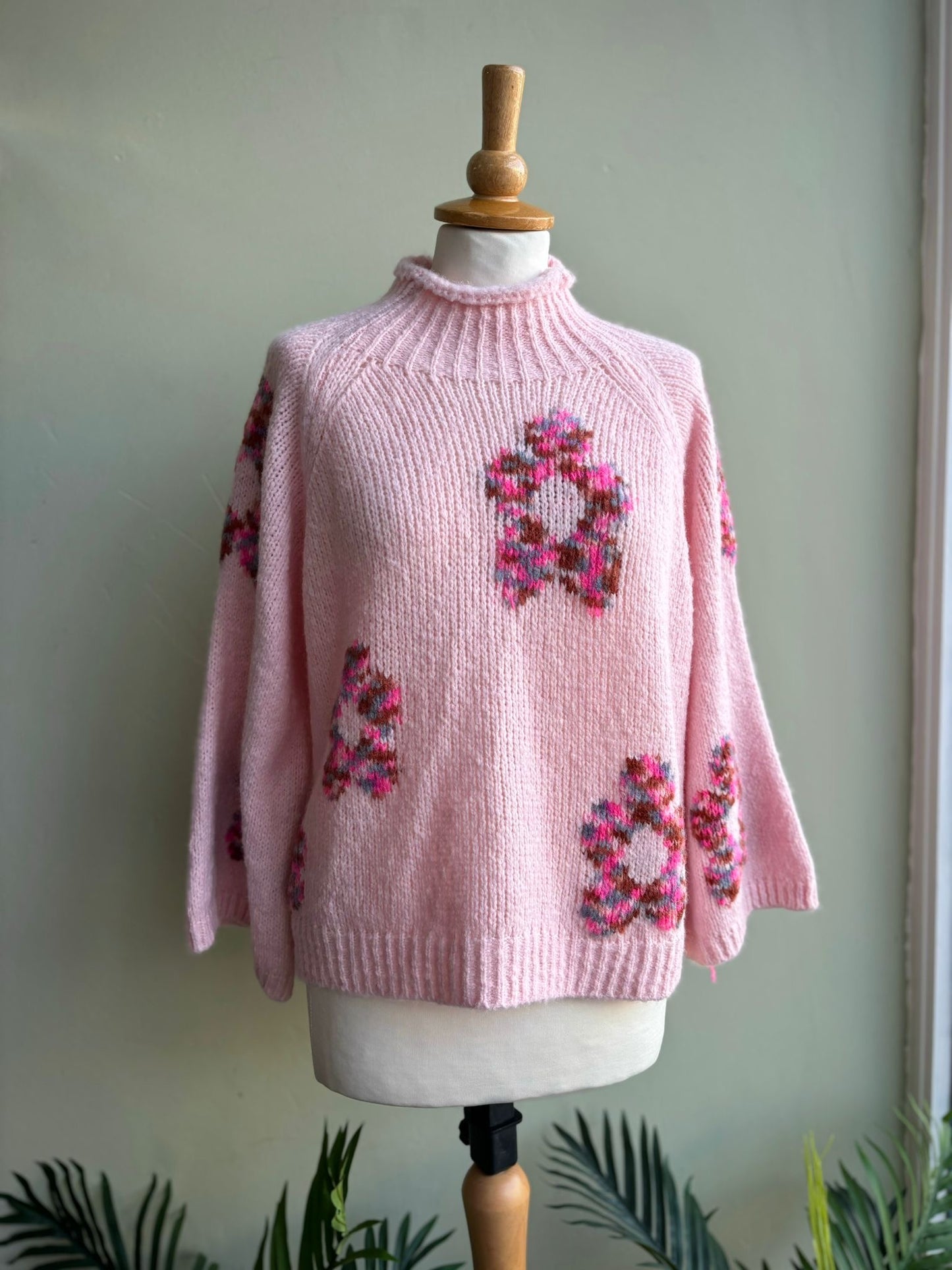 Ashley Funnel Neck Chunky Knit Flower Jumper - Warm Peach, Pastel Pink Or Chartreuse Green