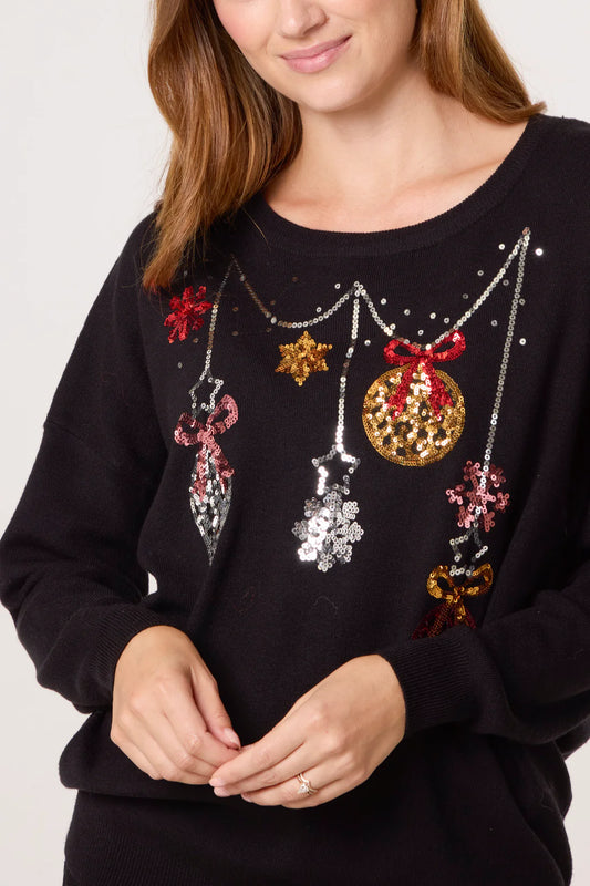 Sequin Bauble Christmas Jumper - Black