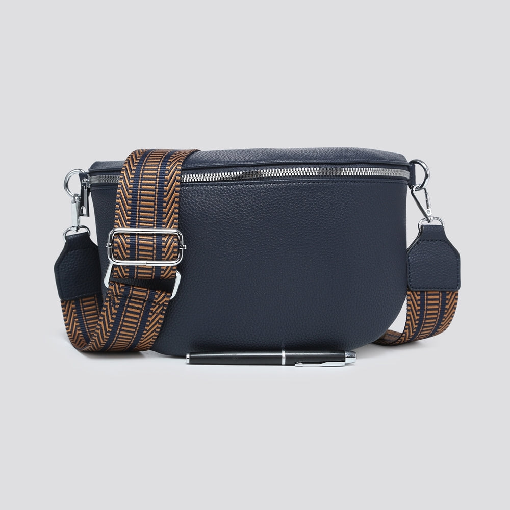 Cross Body Sling Bum Bag With Patterned Strap navy 