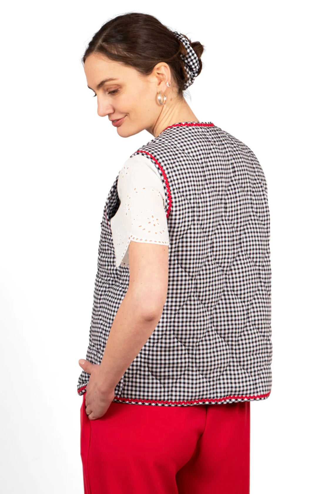 Millie Bow Fastening Quilted Waistcoat Gilet - Black & White Gingham With Red Ric Rac Trim