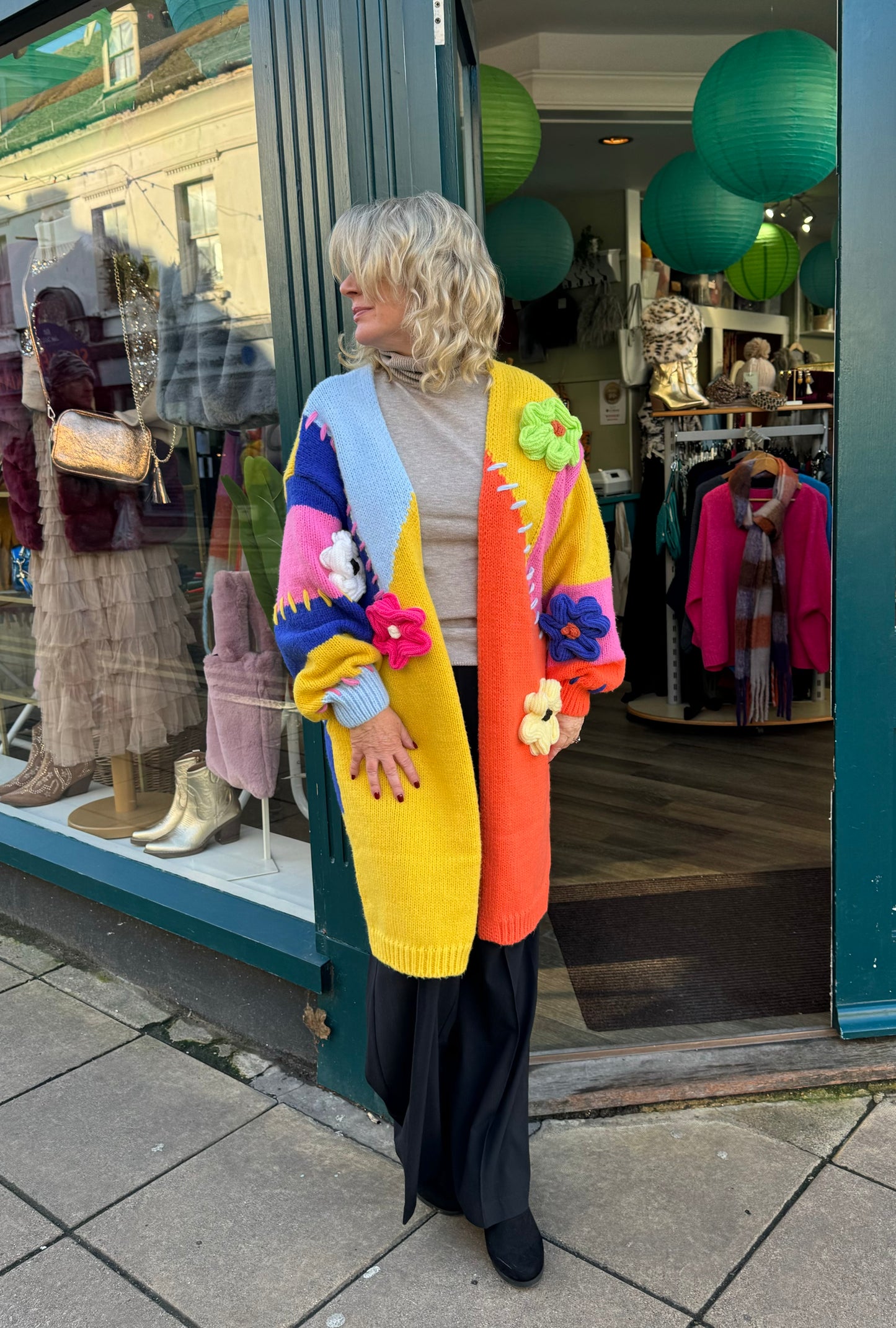 Tilly Chunky Multicoloured Patched Long Cardigan With Blanket Stitch & Large Floral Appliqué Trim