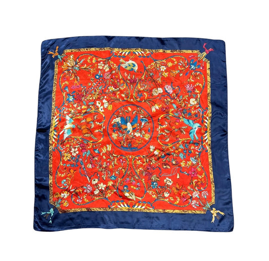 Red & Navy Bird & Butterfly Satin Square Scarf