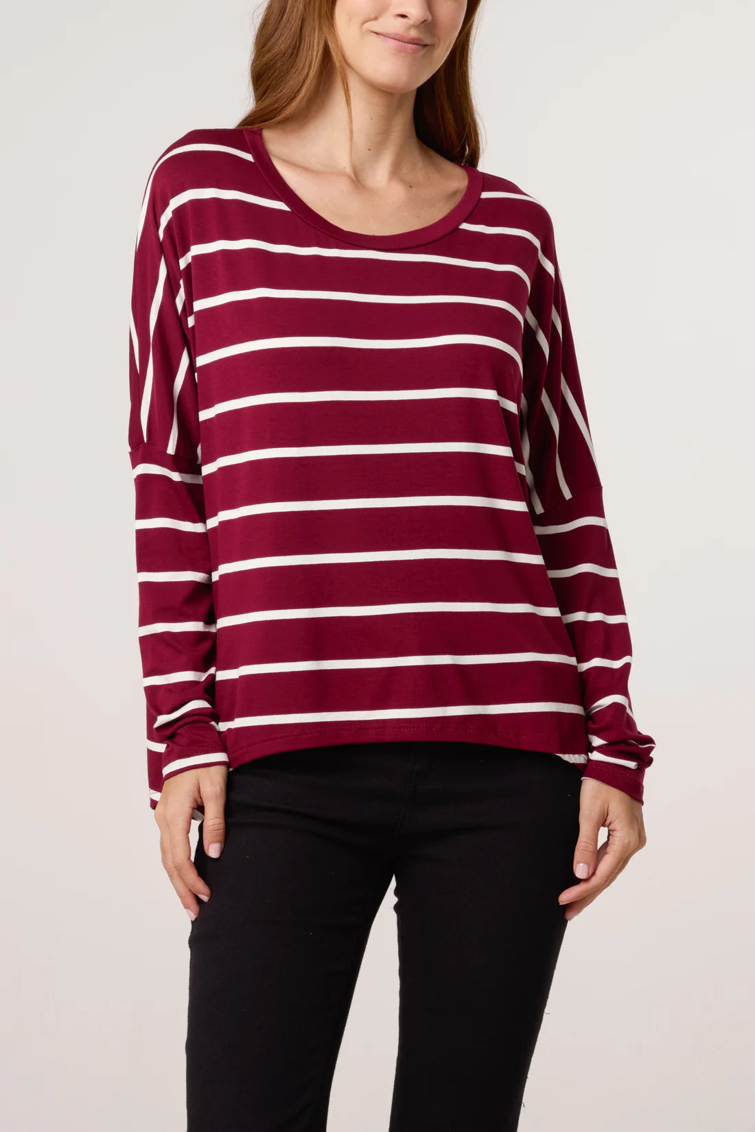 Amanda Long Sleeve Stripe Top - Navy, Black Or Burgundy