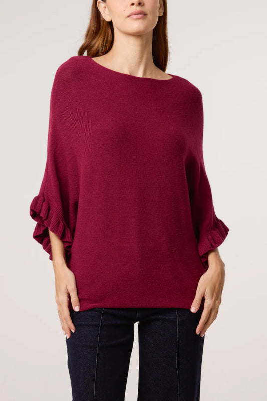 Frill Cuff Batwing Sleeve Slouchy Jumper burgundy 
