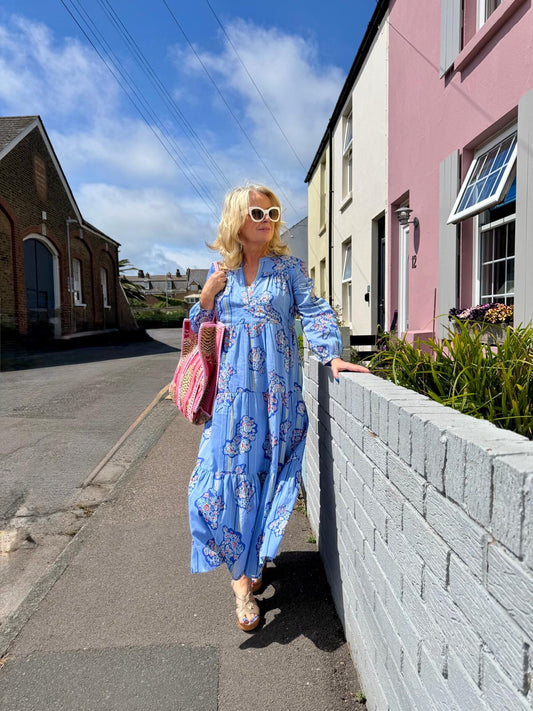 Tamsin Cotton Lawn Tiered Loose Maxi Dress - Powder Blue Paisley