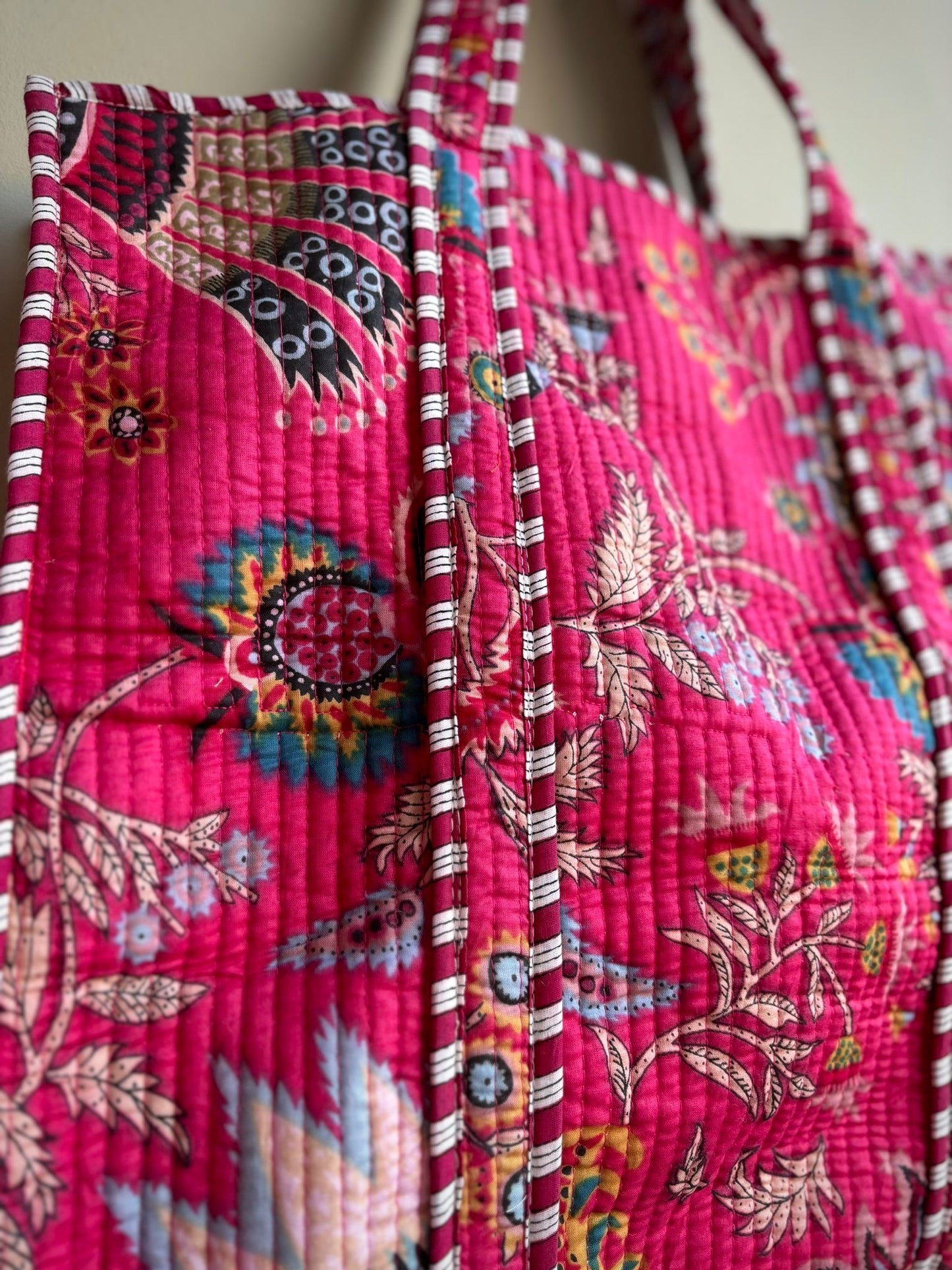 Quilted Kantha Bag With Striped Lining - 100% Cotton- Cerise Pink Or Blue Paisley