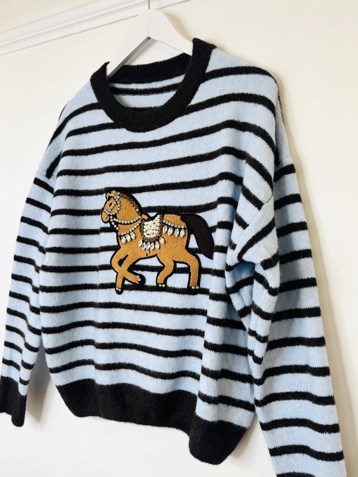 Victoria Powder Blue & Chocolate Brown Striped Jumper With Embellished Pony Appliqué