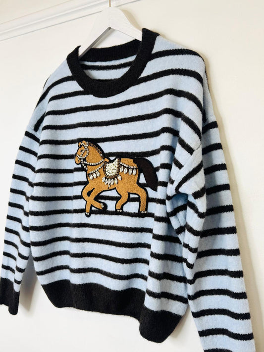 Victoria Powder Blue & Chocolate Brown Striped Jumper With Embellished Pony Appliqué