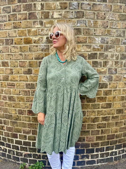 Victoria Loose Tiered Short Broiderie Anglaise Dress With Fluted Sleeves - Black, White Or Khaki