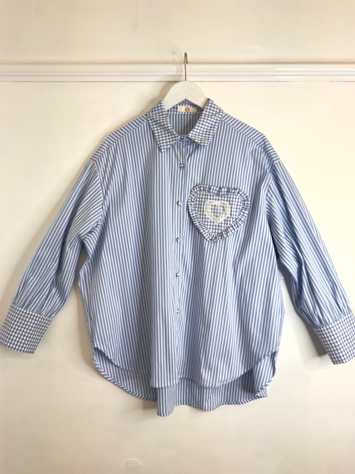 Lily Heart Appliqué Blue Striped Oversized Cotton Shirt