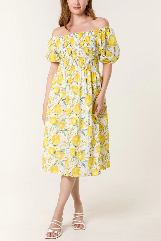 Bree Bardot Neckline Broiderie Anglais Lemon Print Dress