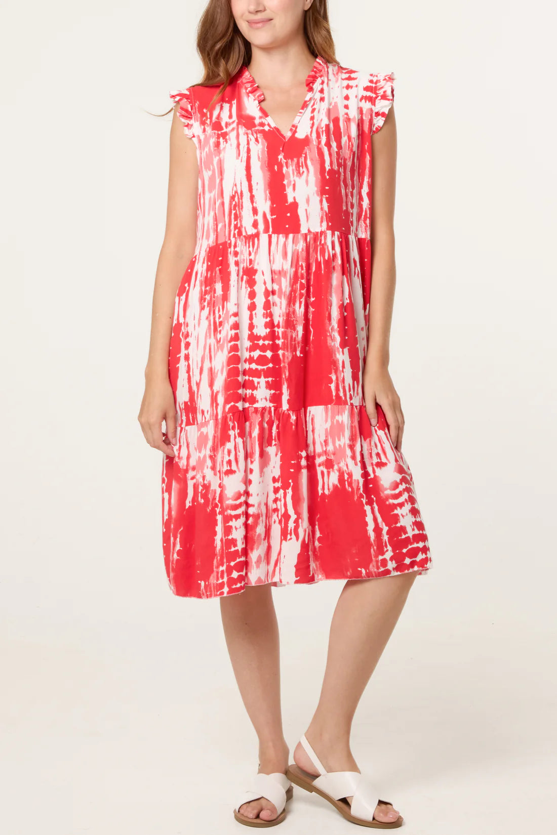 Katya Tie Dye Print Frill Sleeve Midi Dress