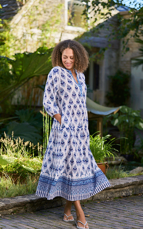 India Block Print Indian Cotton Loose Tiered Dress - Blue & White