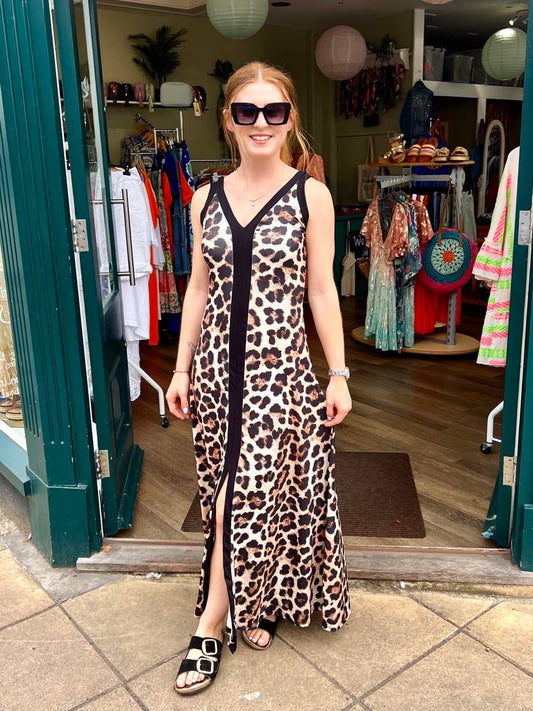 Emily Leopard Print Ribbed Jersey Maxi Dress