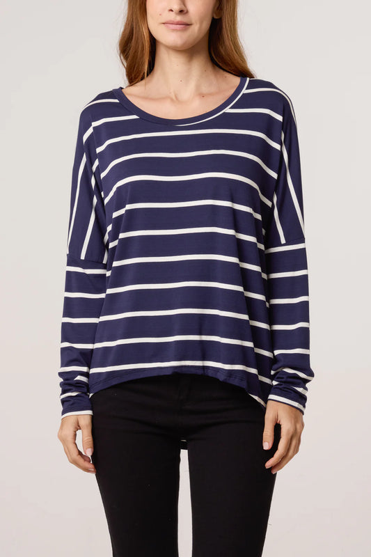 Amanda Long Sleeve Stripe Top - Navy, Black Or Burgundy