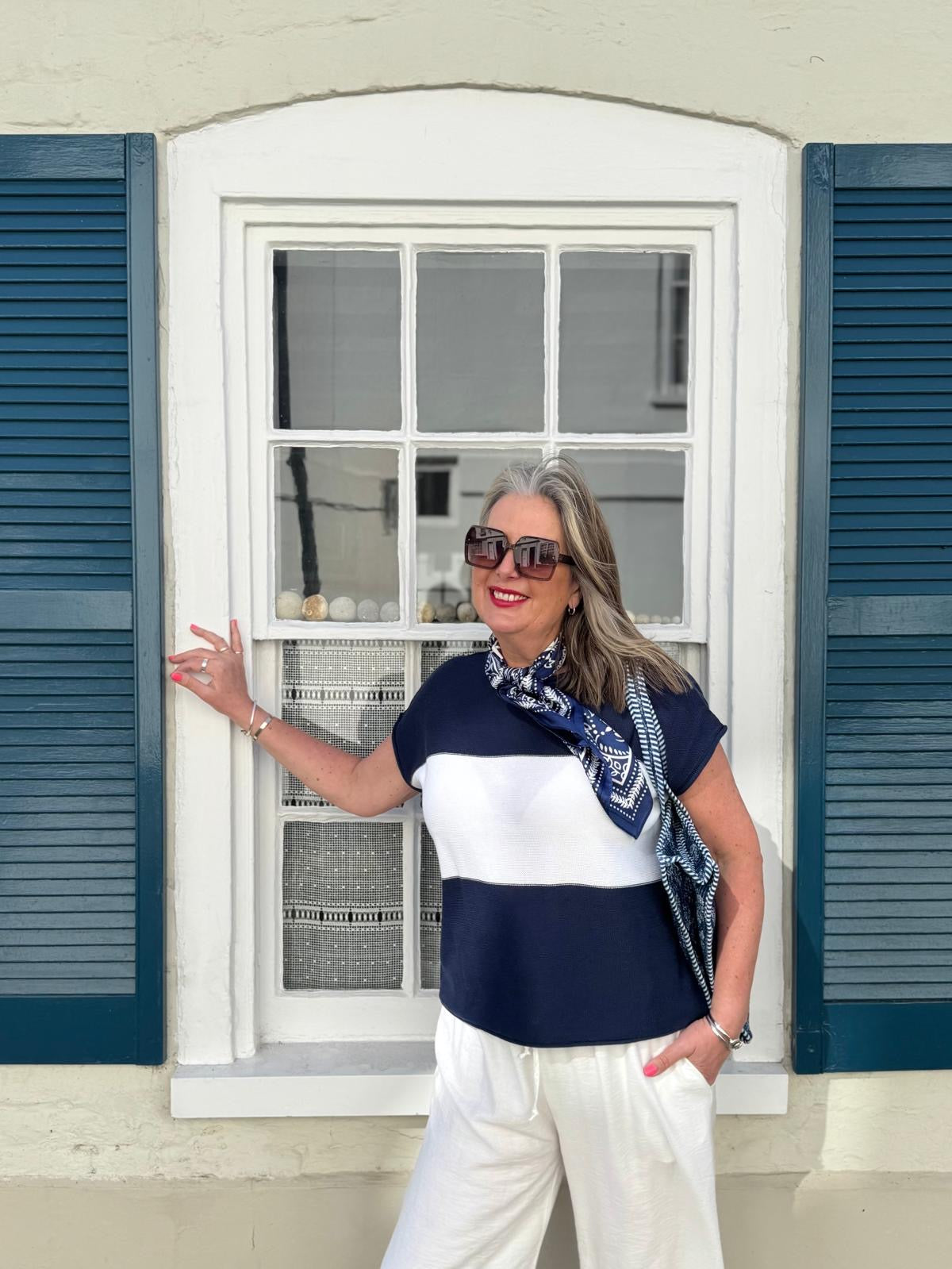 Sophie Sleeveless Navy & White Cotton Blend Jumper