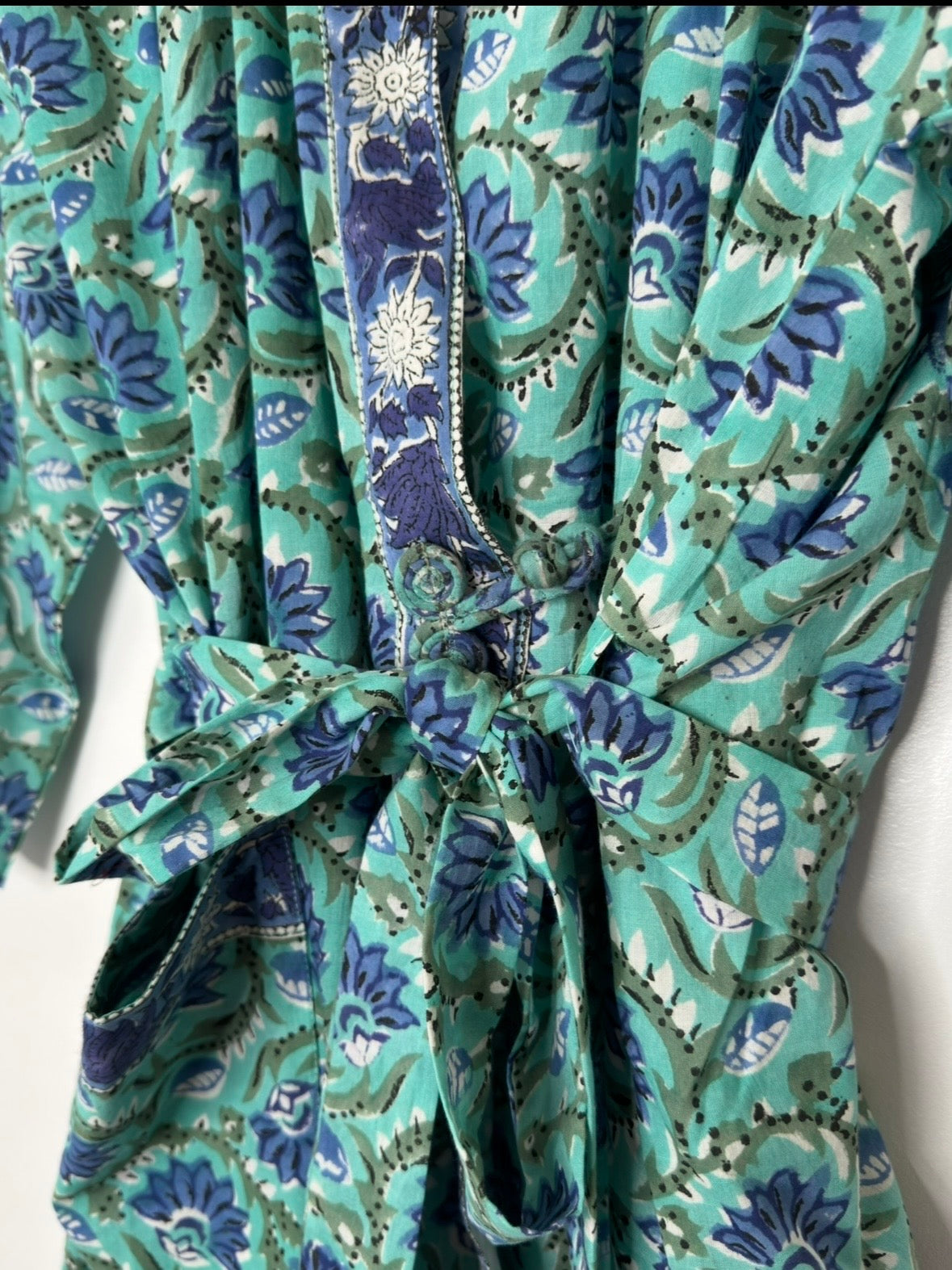 Tamarisk Bazaar Luxury Hand-Block Printed Indian Cotton Dressing Gown Robe - Blue & Green