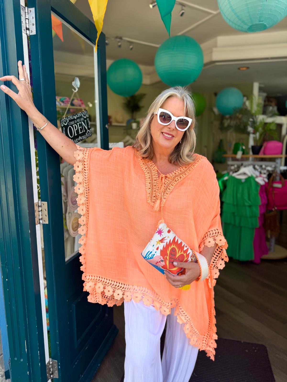 Sandra Loose Crinkle Cotton Kaftan With Lace Trim & Tassels - Neon Orange