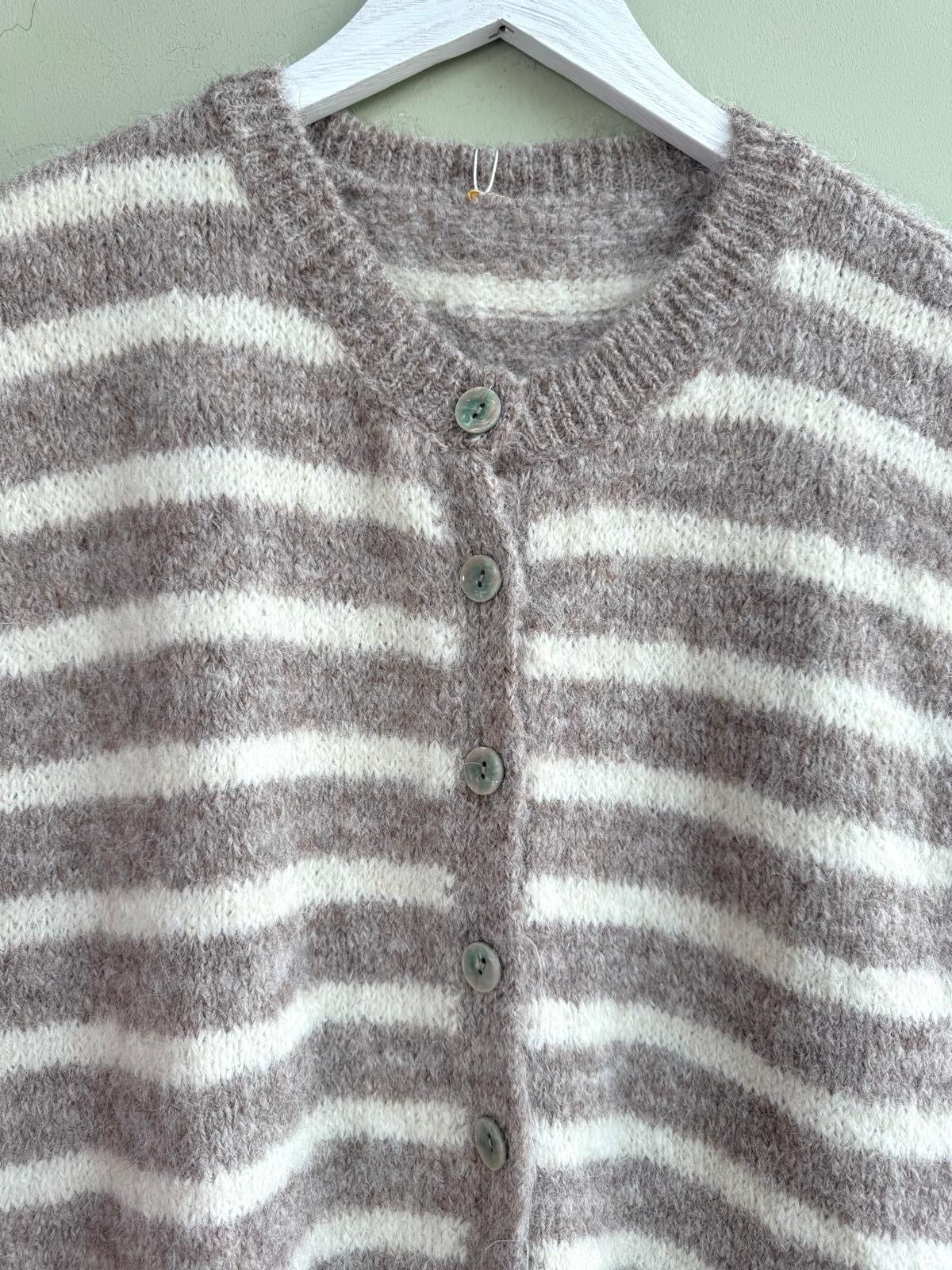 Geena Fluffy Knit Striped Waistcoat- Taupe & Cream