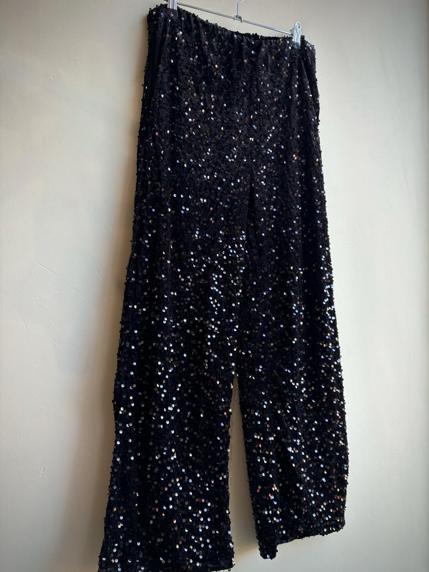 Black wide leg pull on trousers with black sequins 