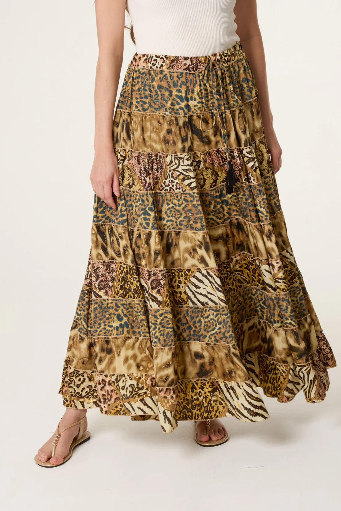 Ginny Boho Leopard Print Tiered Silky Maxi Skirt