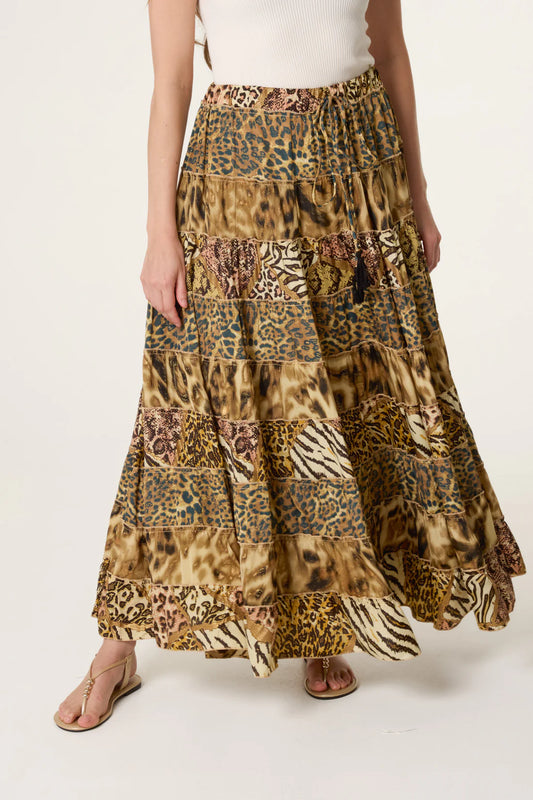Ginny Boho Leopard Print Tiered Silky Maxi Skirt