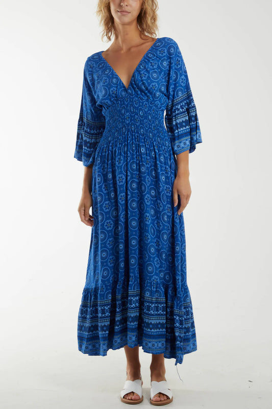 Odile Tile Print Shirred Waist Midaxi Dress - Lapis Blue