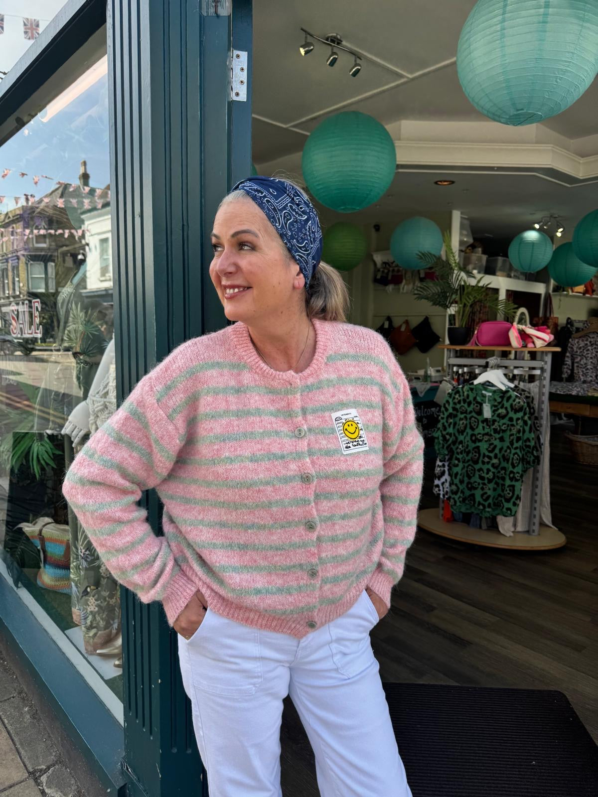 Amanda Striped Fluffy Cardigan- Mint Green & Pastel Pink Stripe