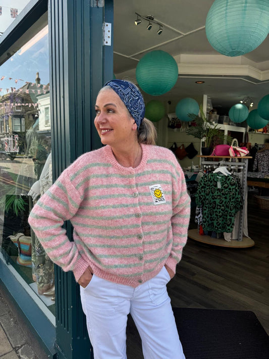Amanda Striped Fluffy Cardigan- Mint Green & Pastel Pink Stripe