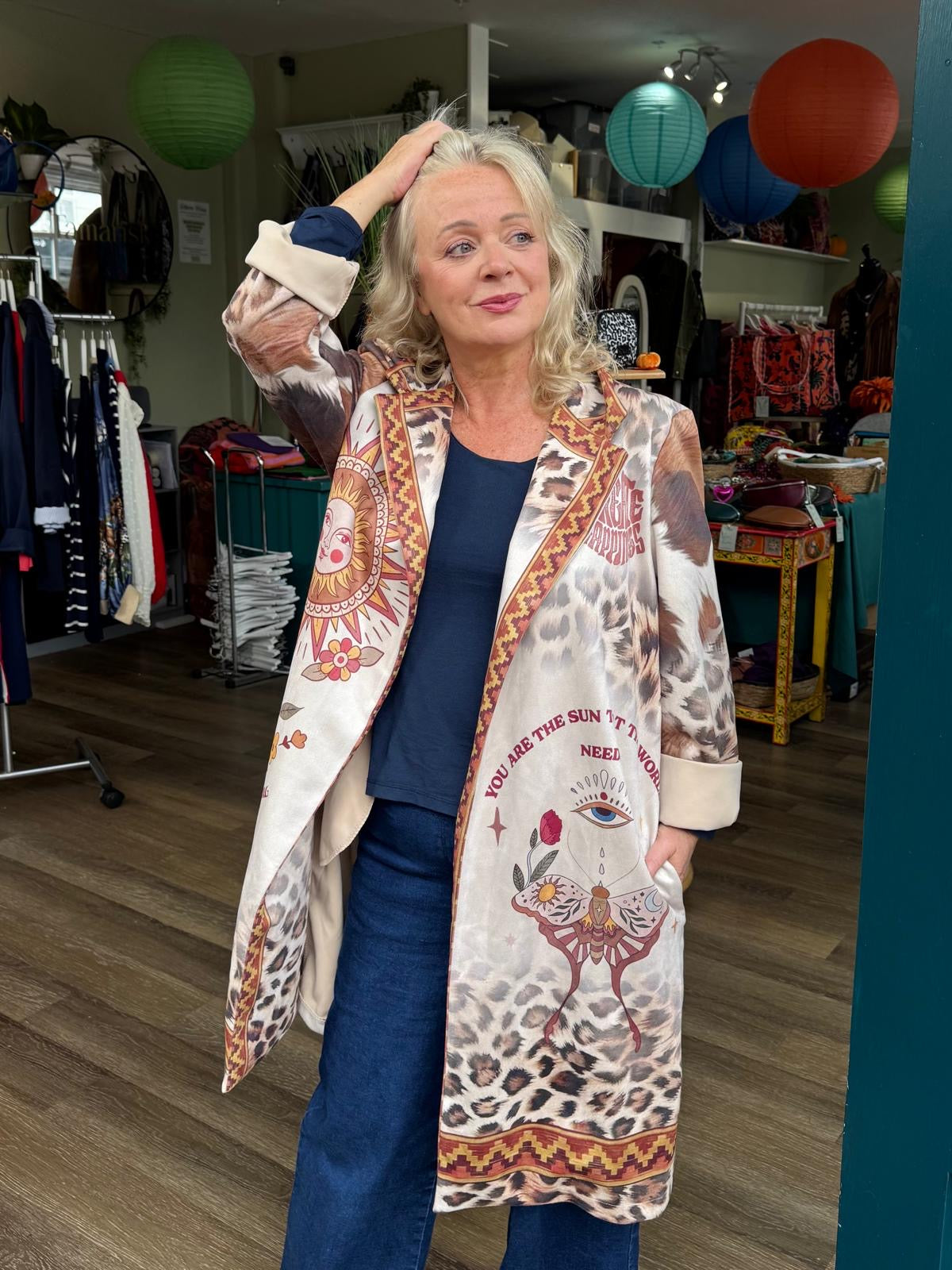 With Love Faux Suede Graphic Duster Coat