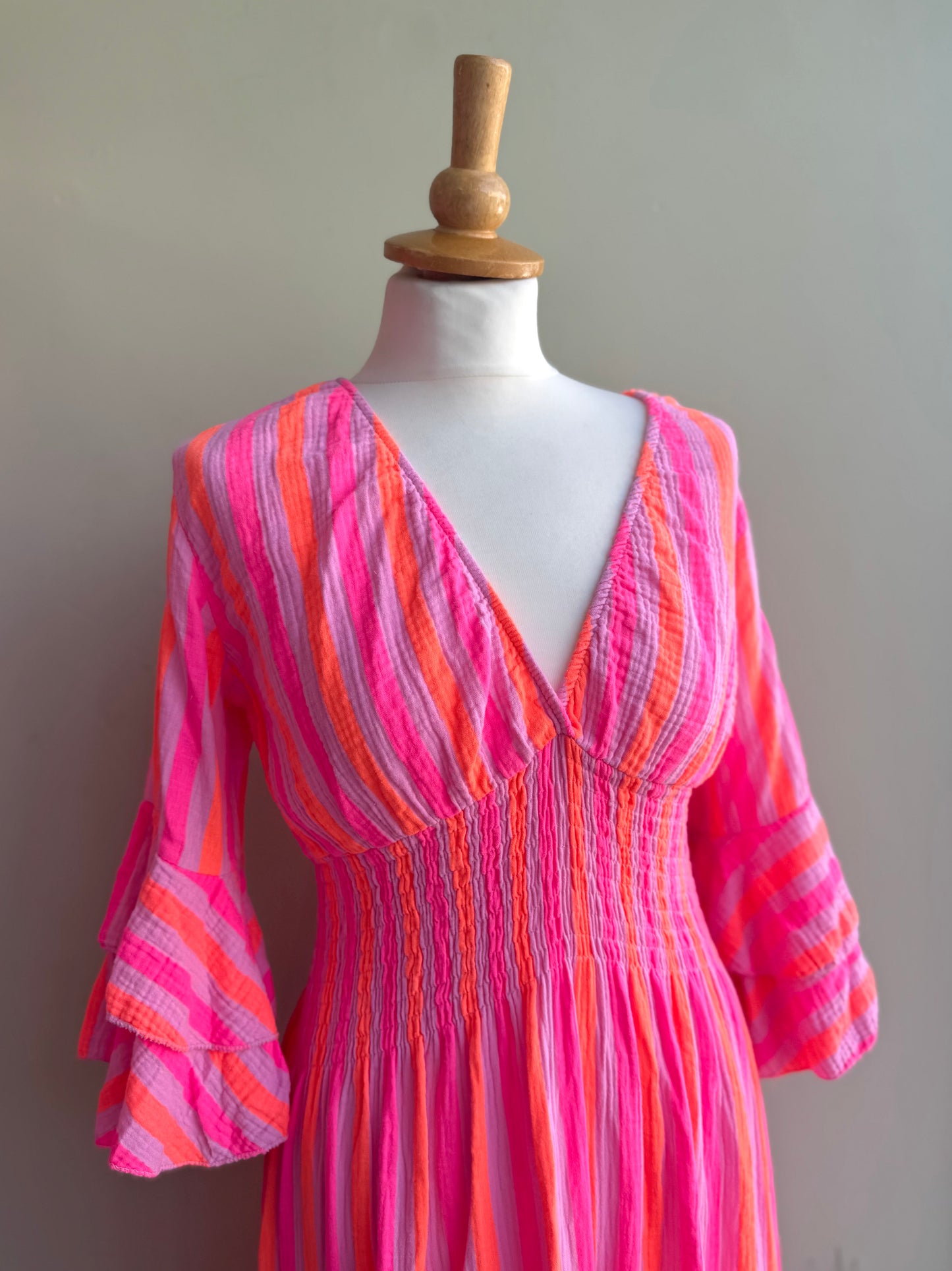 Tia Neon Pink & Orange Striped Shirred Waist Maxi Dress