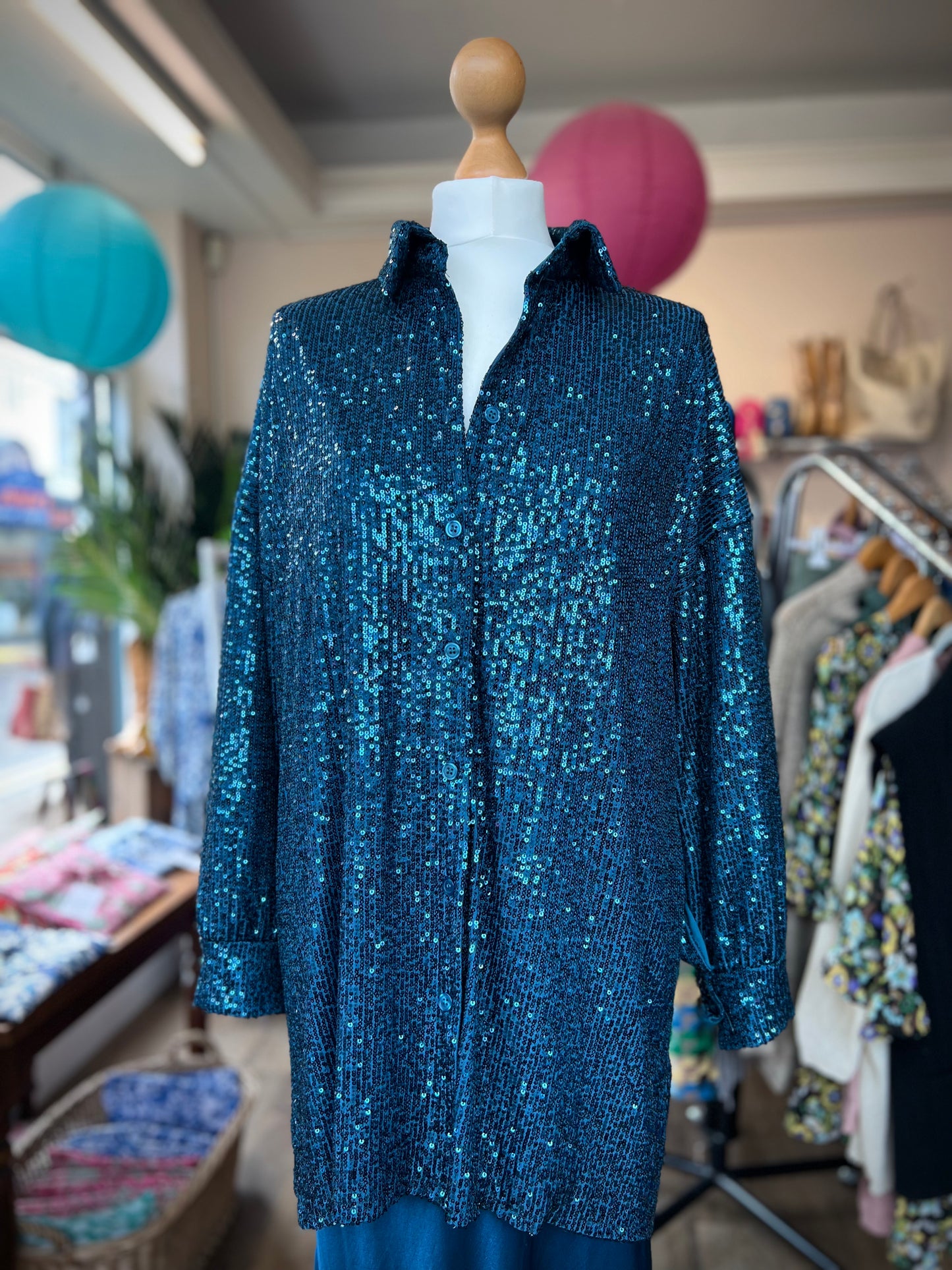 Lola Long Fully Sequinned Shirt - Rich Teal