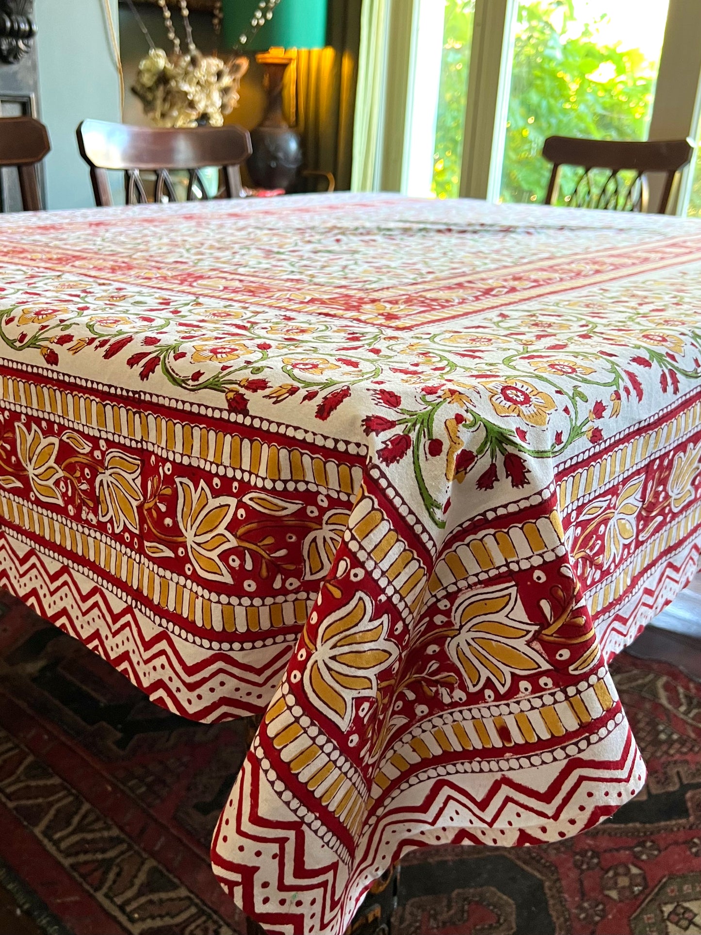 Hand Block Printed Indian Cotton Tablecloth - Winter Tudor (Reds & Greens)