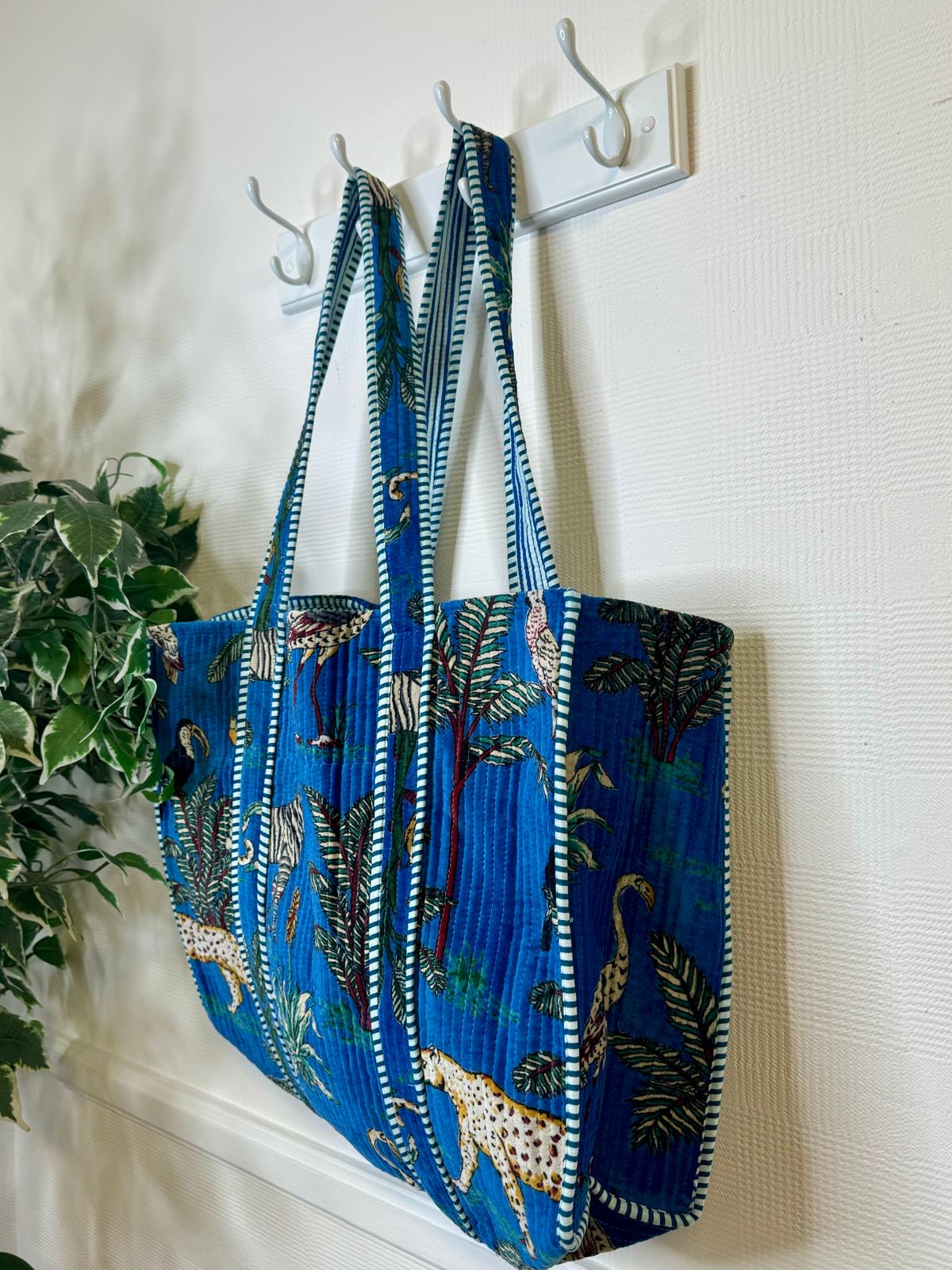 Kantha Quilted Velvet Safari Animal Print Large Tote Bag Mustard Or Blue