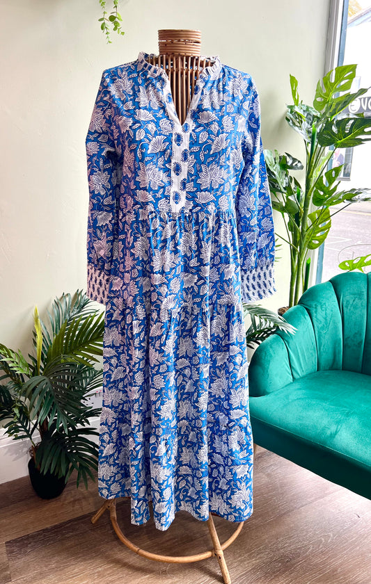 Nita Indian Cotton Peony Print Maxi Dress - Blue Or Coral