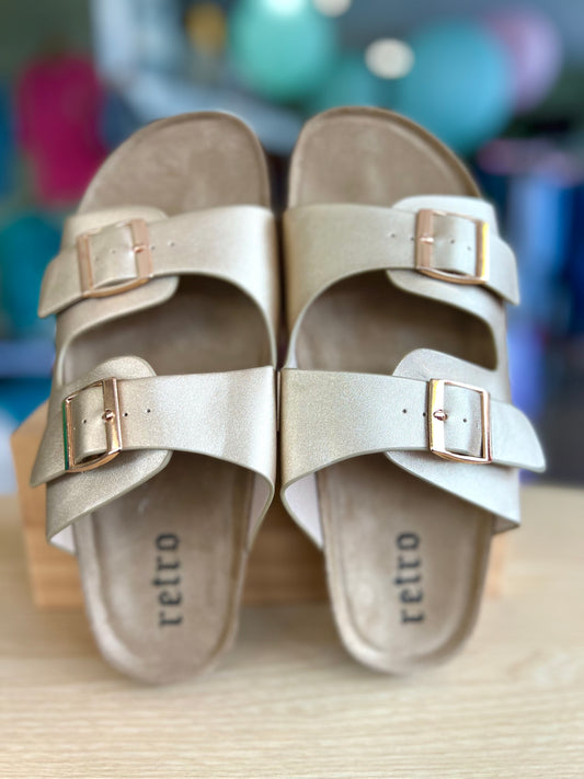 Gold Double Buckle Cork Style Flat Sandals
