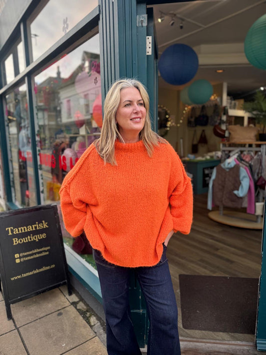 Claire Funnel Neck Balloon Sleeve Slouchy Chunky Knit Jumper - Light Beige, Orange Or Fuchsia Pink