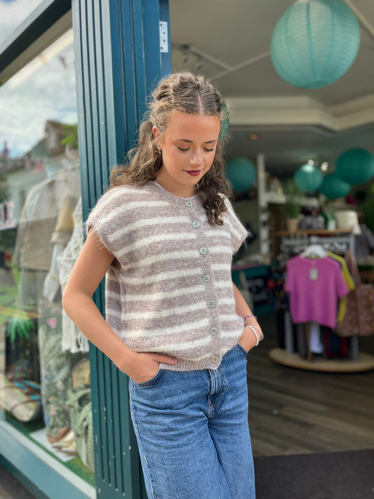 Geena Fluffy Knit Striped Waistcoat- Taupe & Cream